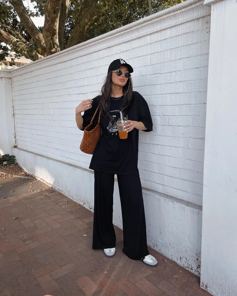 Black Graphic Tee with Matching Wide-Leg Trousers and Woven Tote Bag