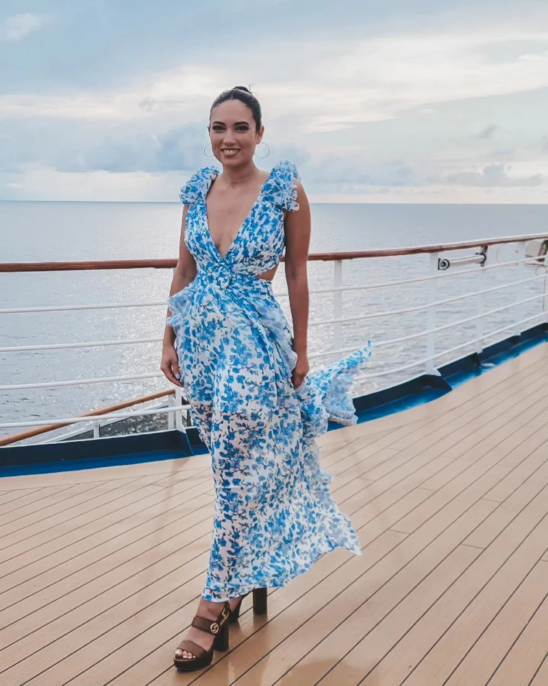 Blue and White Floral Ruffle Maxi Dress with Chunky Platform Heels