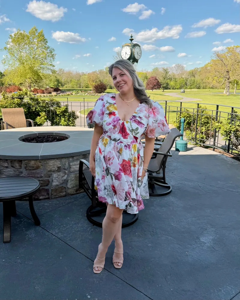 Bold Floral Puff-Sleeve Mini Dress with Nude Heeled Sandals