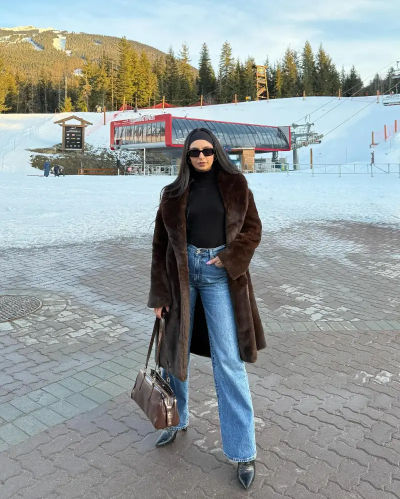 Chocolate Brown Faux Fur Coat with Denim and Leather Boots