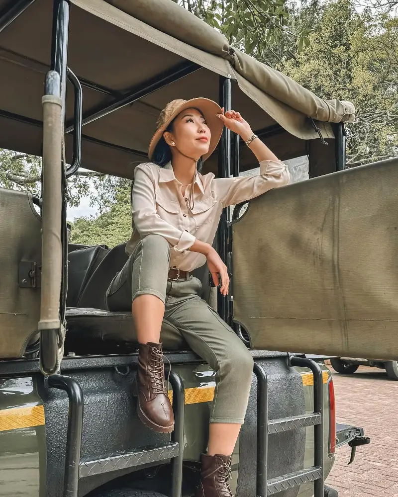 Cream Button-Down Utility Shirt with Muted Olive Trousers and Brown Boots