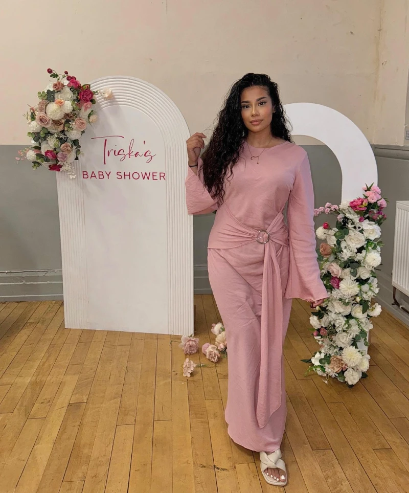 Dusty Rose O-Ring Belted Maxi Dress with Bell Sleeves and White Cross-Strap Sandals