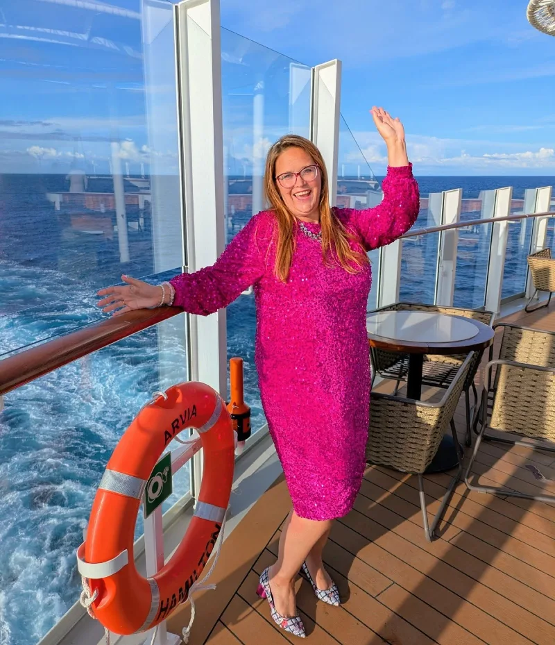 Hot Pink Sequin Midi Dress with Patterned Pumps and Life Ring Accent