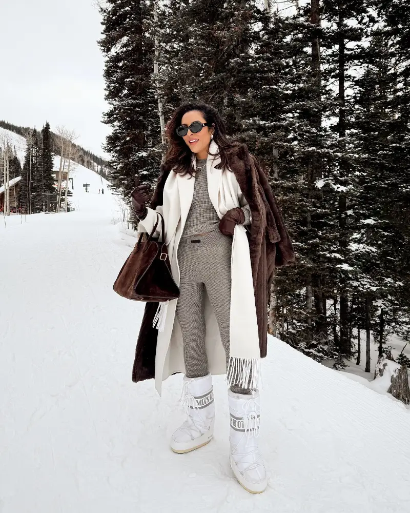 Houndstooth Knit Set Layered with Cream Coat, Brown Fur Outerwear, and White Snow Boots