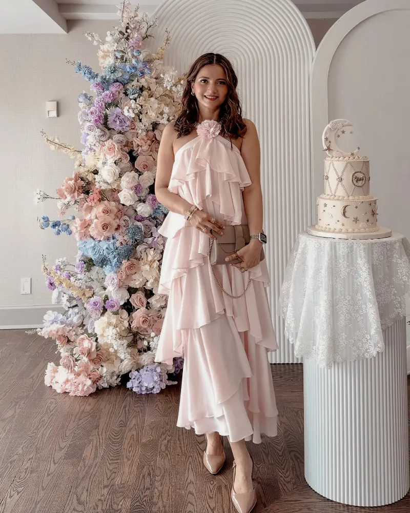 Layered Pale Pink Ruffle Halter Dress with Matching Neutral Clutch and Celestial Cake Display