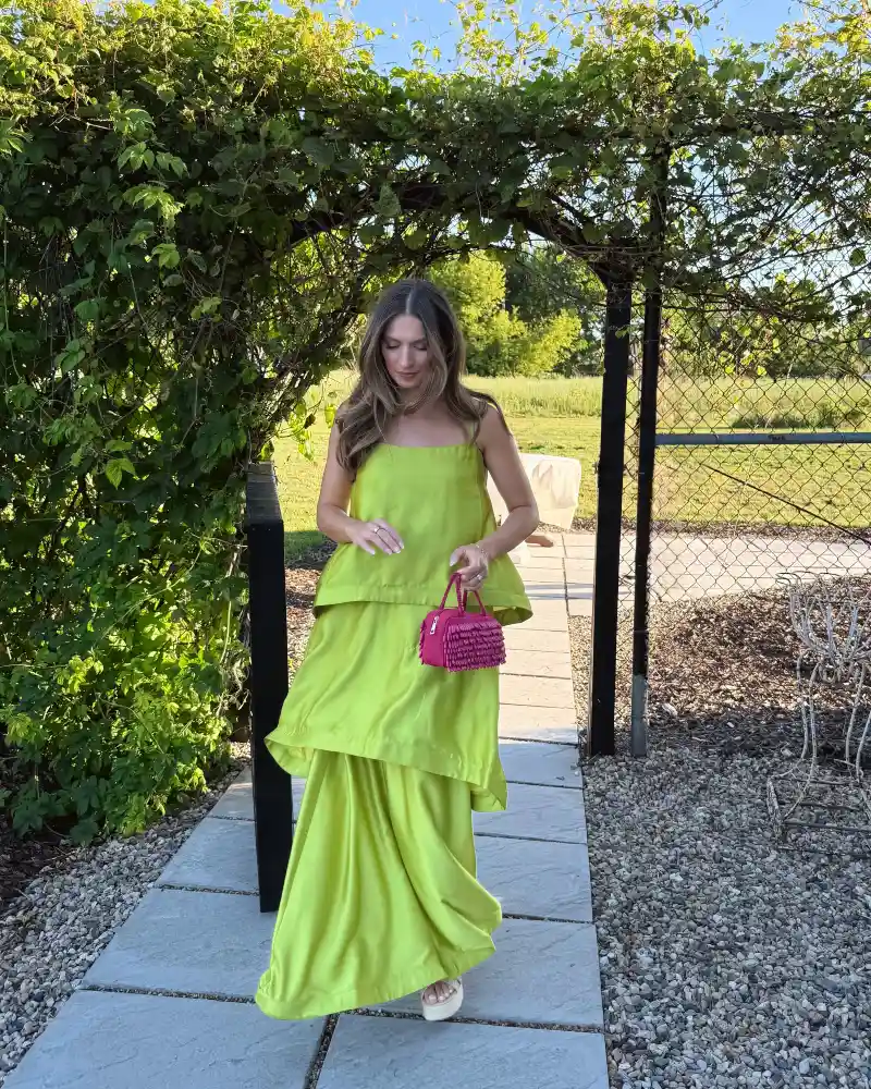 Lime Green Tiered Slip Maxi Dress with Magenta Handbag and Stone Archway