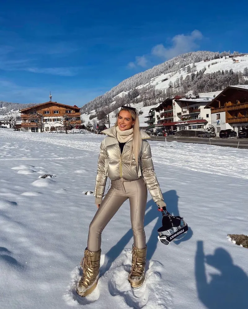 Metallic Gold Puffer Jacket with Matching Ski Pants and Metallic Boots