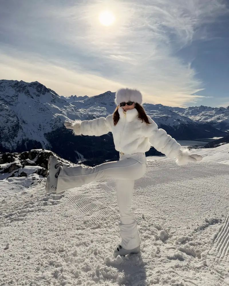 Monochromatic White Faux Fur Jacket with Matching Ski Pants and Ushanka Hat