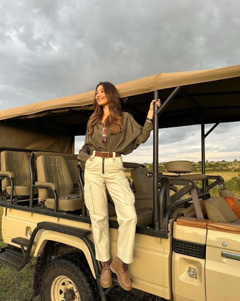 Olive Oversized Shirt with Cream Cargo Trousers and Brown Leather Belt