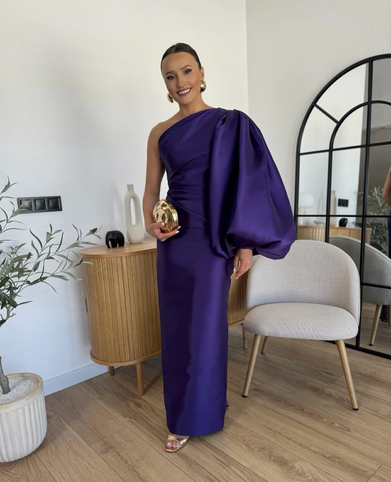 One-Shoulder Deep Violet Column Maxi Dress with Voluminous Puff Sleeve