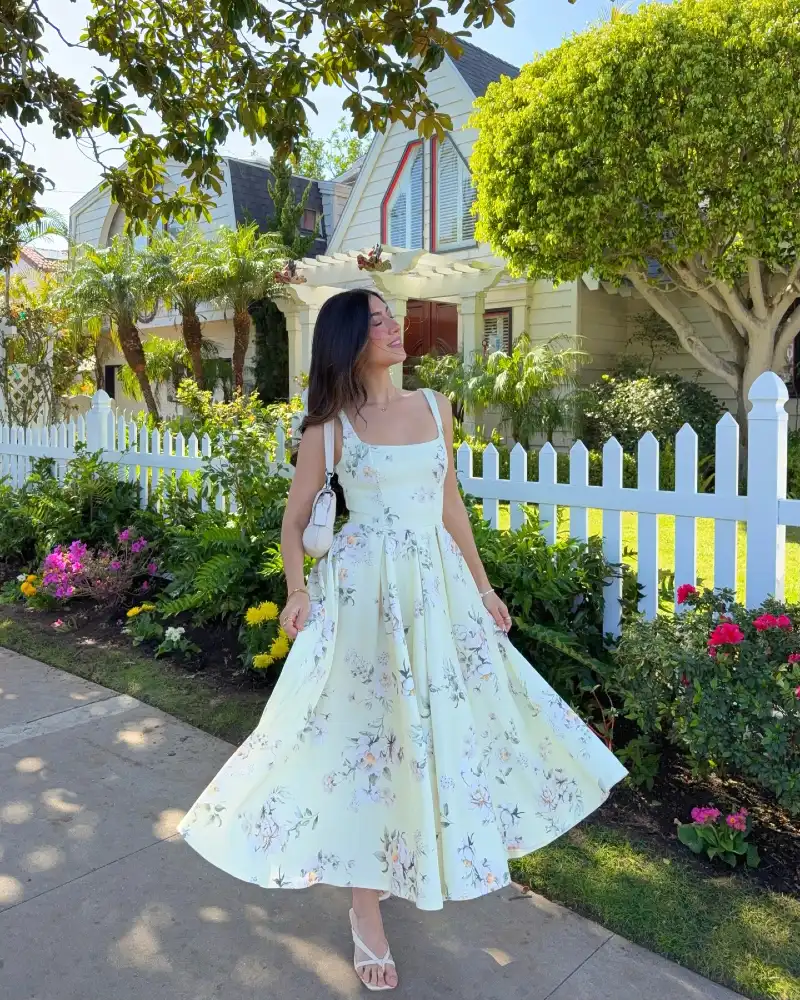 Pale Yellow Floral Pleated Fit-and-Flare Midi Dress with White Sandals