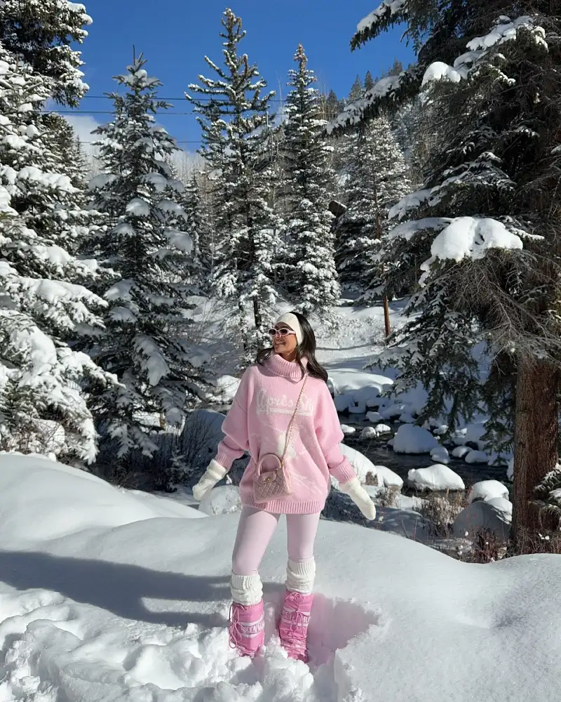 Pastel Pink Oversized Turtleneck Sweater with White Leggings and Pink Boots