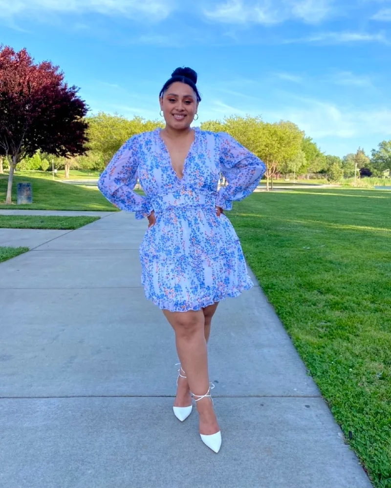 Periwinkle Blue Floral Chiffon Long-Sleeve Dress with White Pointed-Toe Heels and Park Backdrop