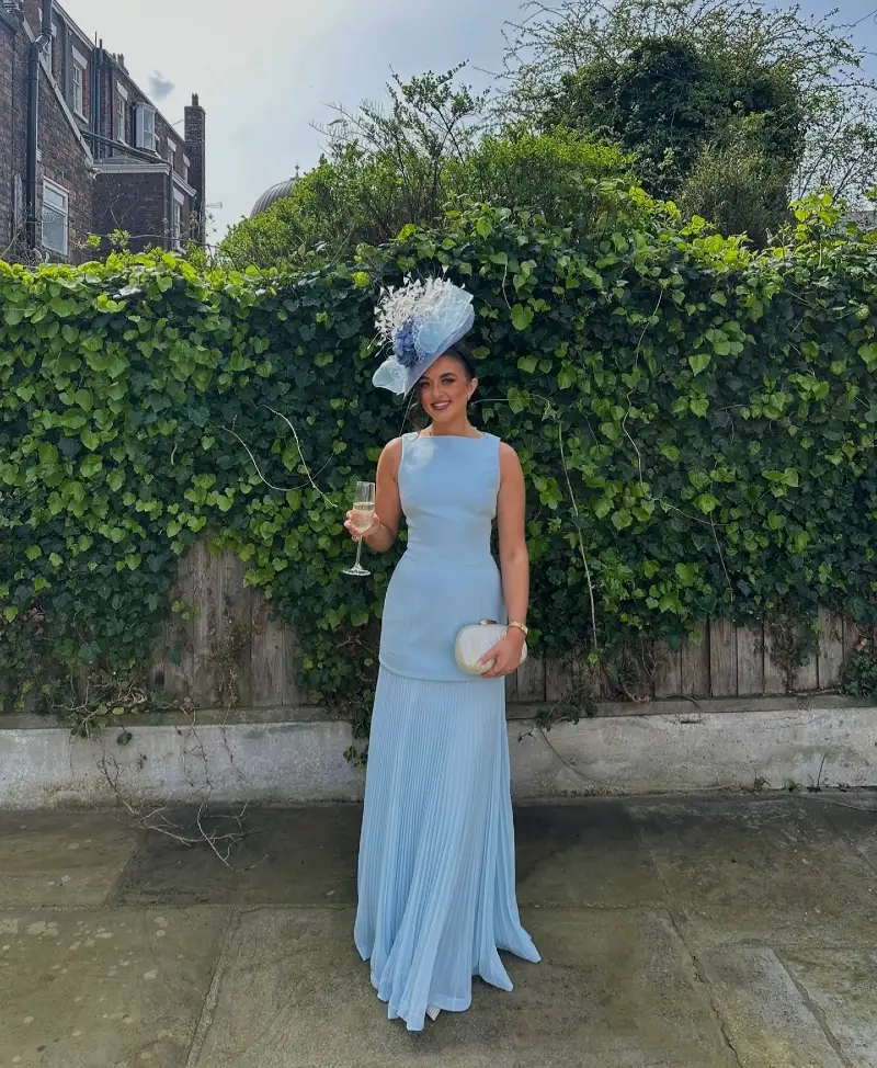 Powder Blue Crew-Neck Pleated Maxi Dress with Feather Fascinator and Clutch