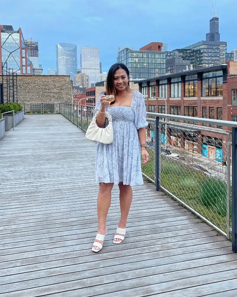 Soft Blue Puff-Sleeve Mini Dress with Ruched Bag