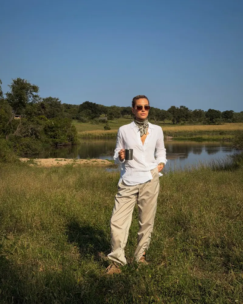 White Linen Shirt with Lightweight Khaki Joggers and Patterned Neck Scarf