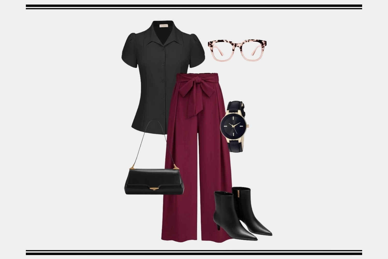 Black blouse & burgundy wide legged trousers business casual look