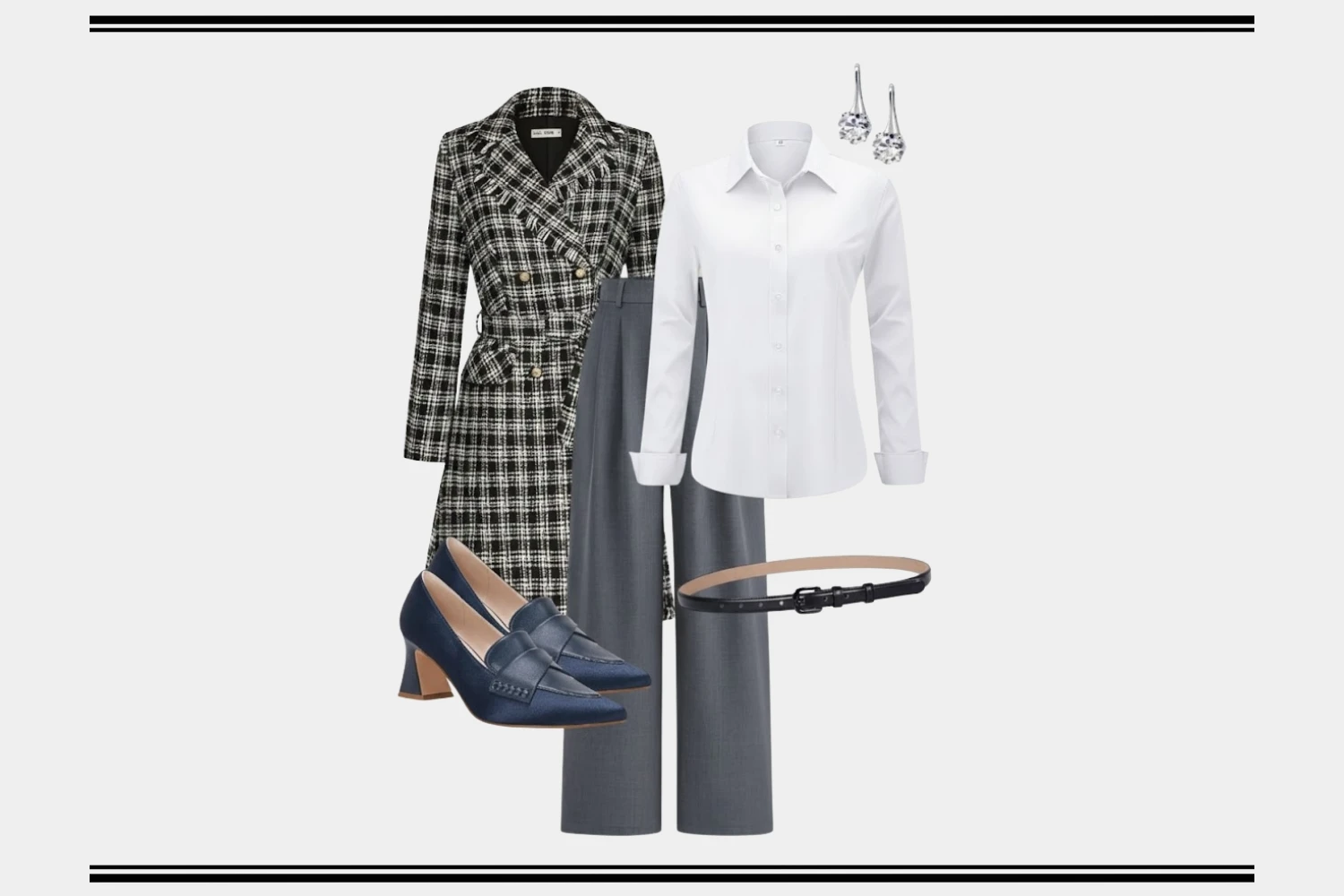 Classic Plaid Trench Coat & Wide-Legged Trousers Business-Casual Look