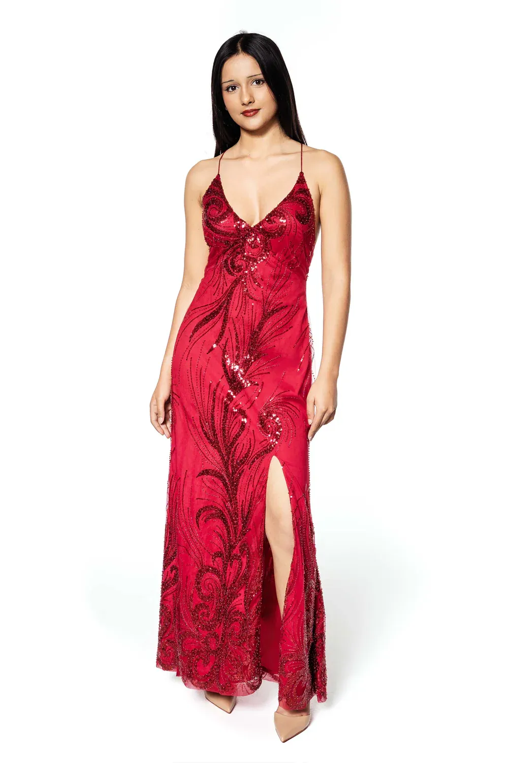 crimson elegance embellished gown