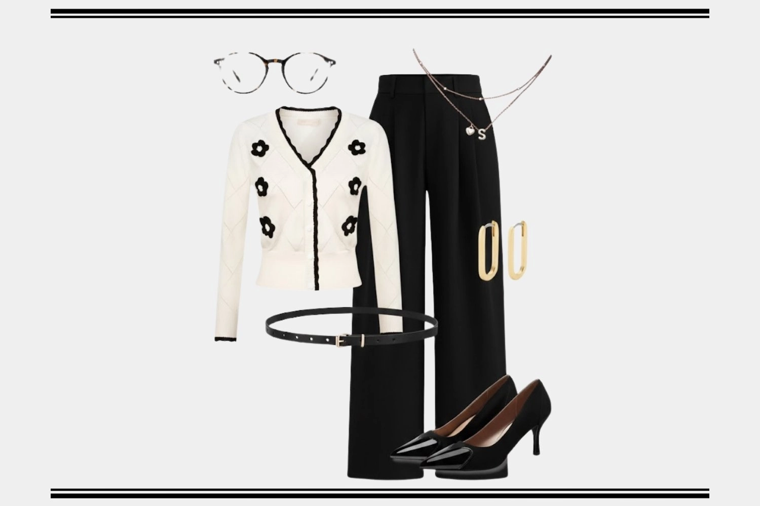 floral cardigan & black trousers business casual look