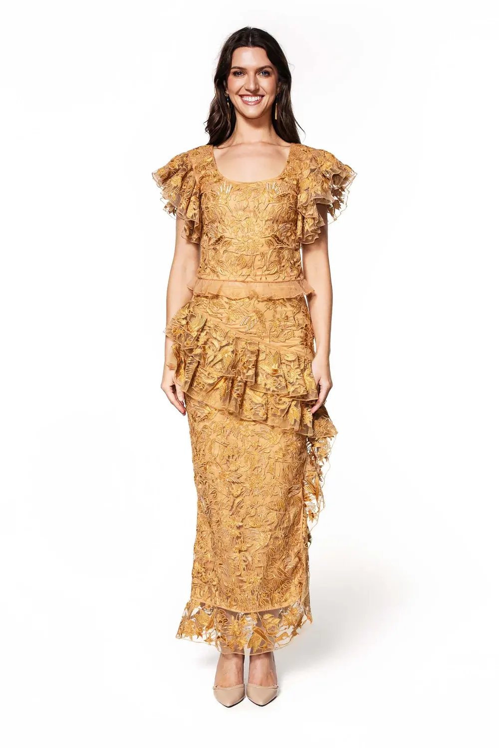 golden rhapsody embroidered top & skirt ensemble