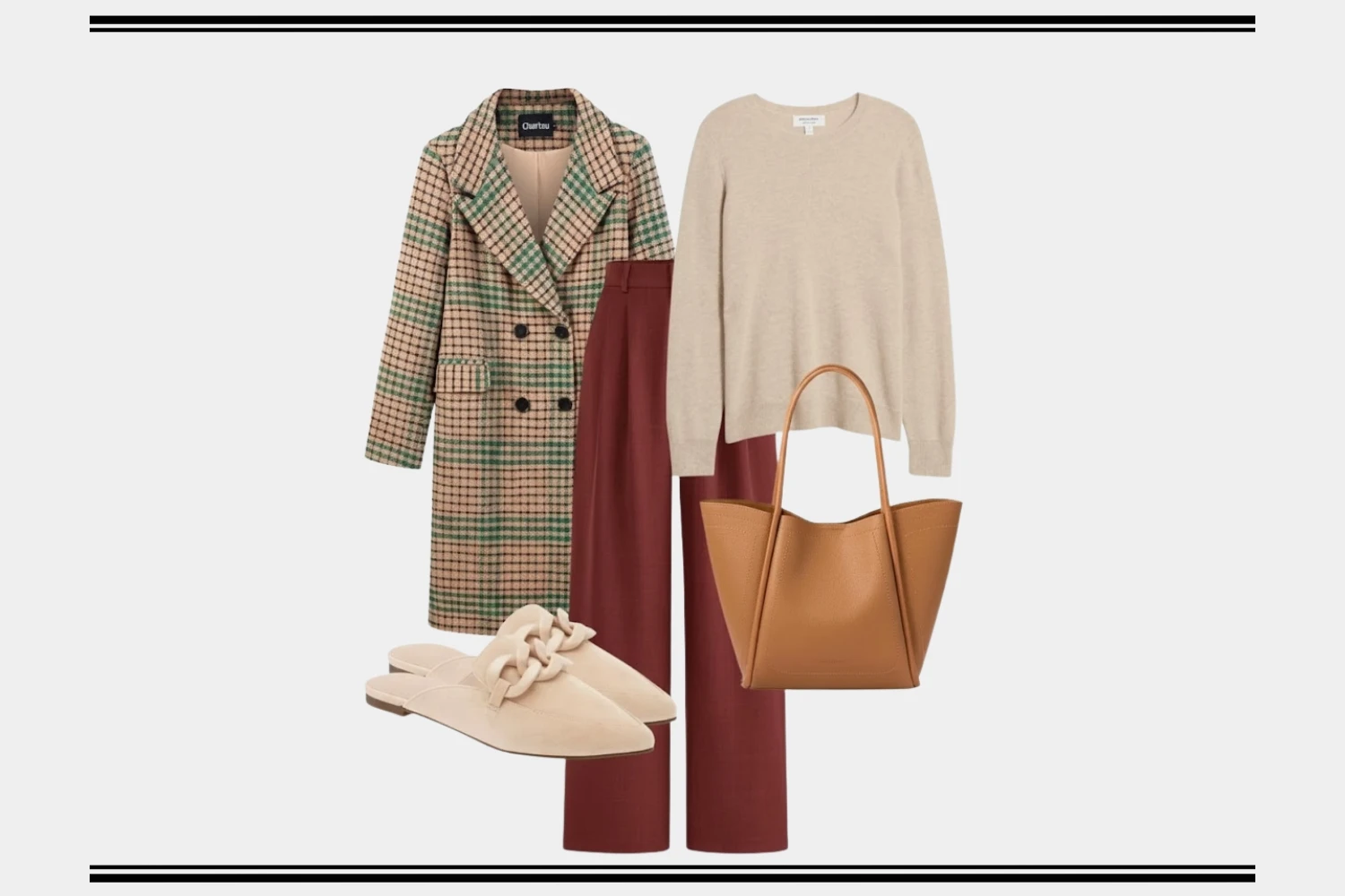 plaid coat & burgundy trousers business casual look