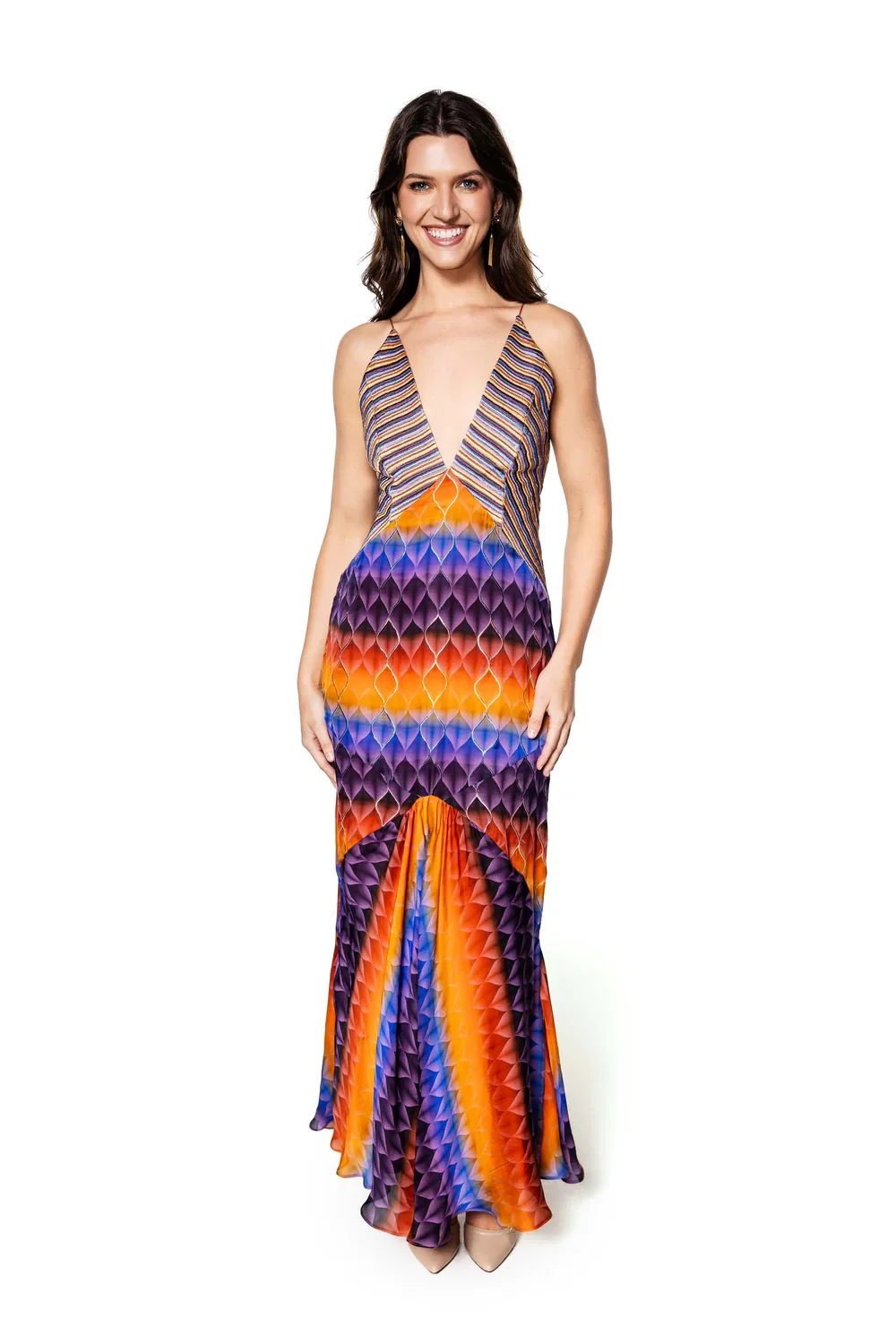 starlit prism embellished printed silk gown
