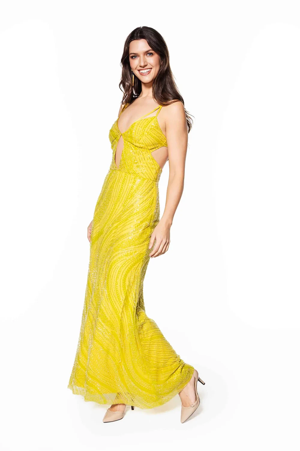 sunburst cut out embellished gown