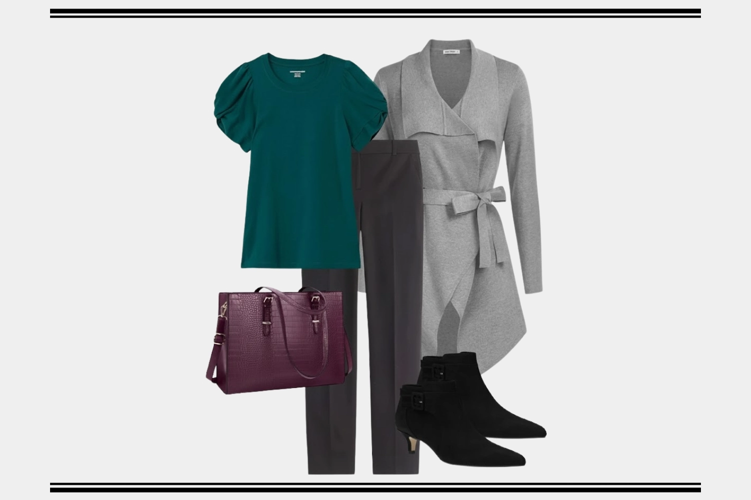 teal top & gray cardigan business casual look