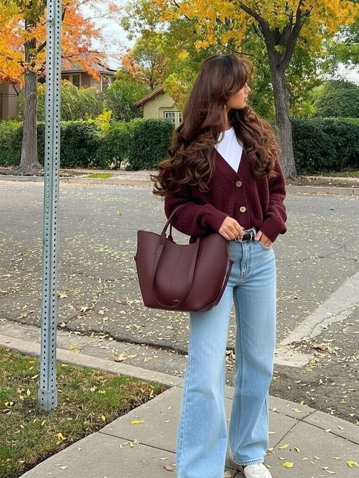 Maroon Chunky Cardigan And Light Wash Wide Leg Denim: Cozy Autumn Layers