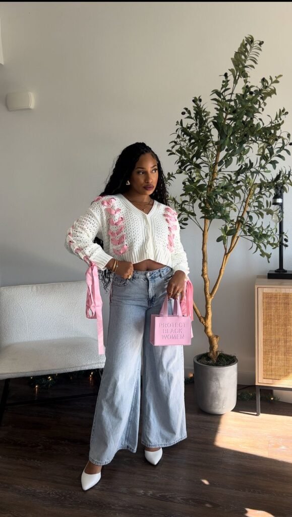 Feminine White And Pink Relaxed Denim: Cozy Weekend Knits