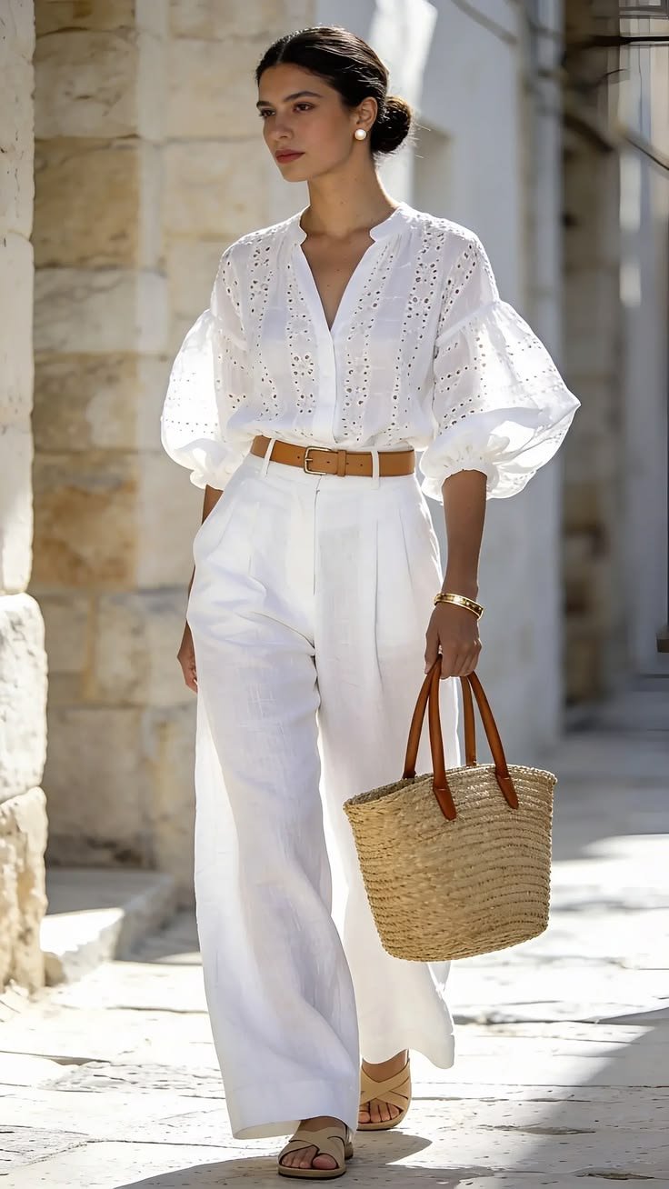 Airy Summer White Boho Style Wide Leg Pants Outfit