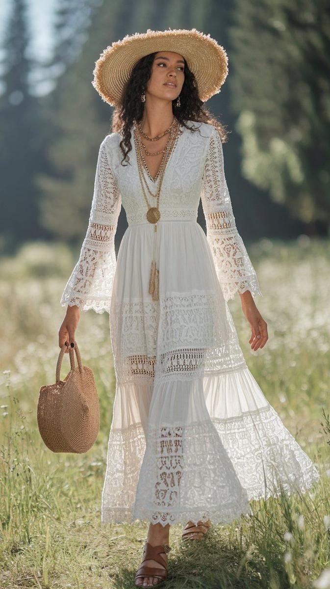 Airy White Lace Boho Maxi Dress