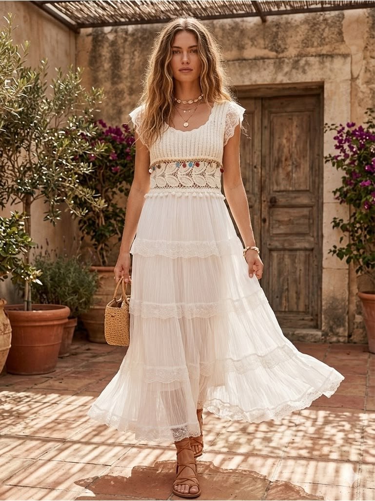 Breezy Cream Textured Maxi Boho Summer Dress