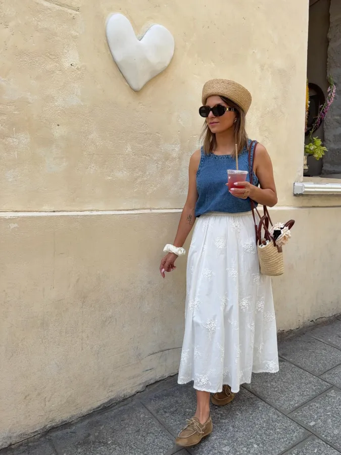 Breezy Denim Top and Embroidered White Skirt for Relaxed Summer Weekend Elegance