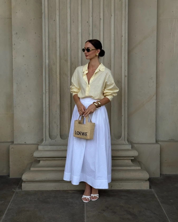 Breezy Pastel Button-Down and White Maxi for Refined Summer Weekend Style