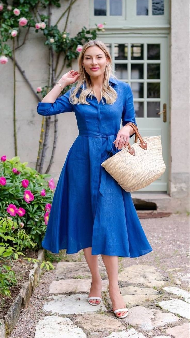 Bright Cobalt Blue Linen Midi Shirtdress for Independence Day Cookouts