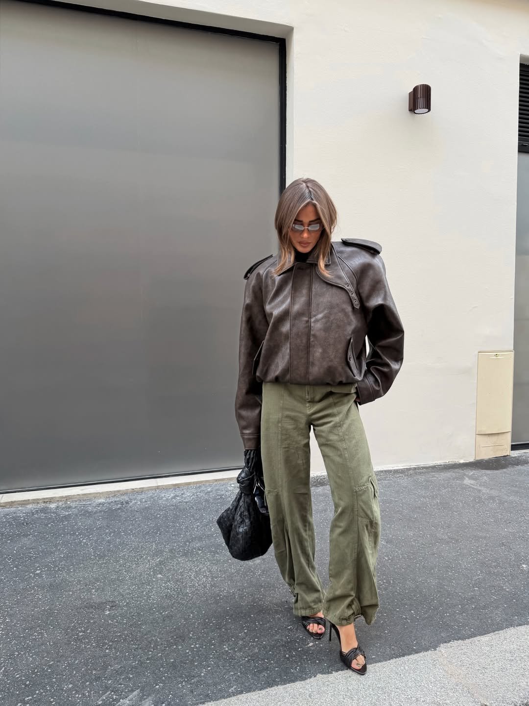 Brown Leather and Olive Green Wide Leg Cargo Streetwear