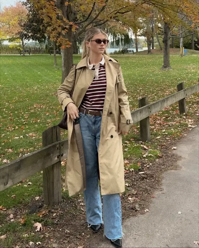 Burgundy Striped Polo and Camel Trench Layered Casual Chic