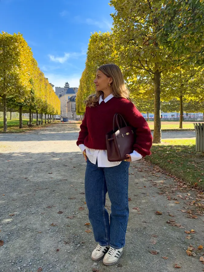 Burgundy Textured Knit and Relaxed Denim Cozy Weekend Layers