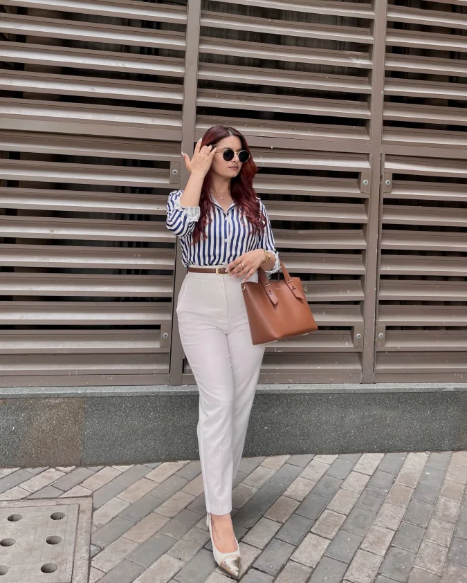Burgundy Waves and Soft Neutrals Office Casual Look