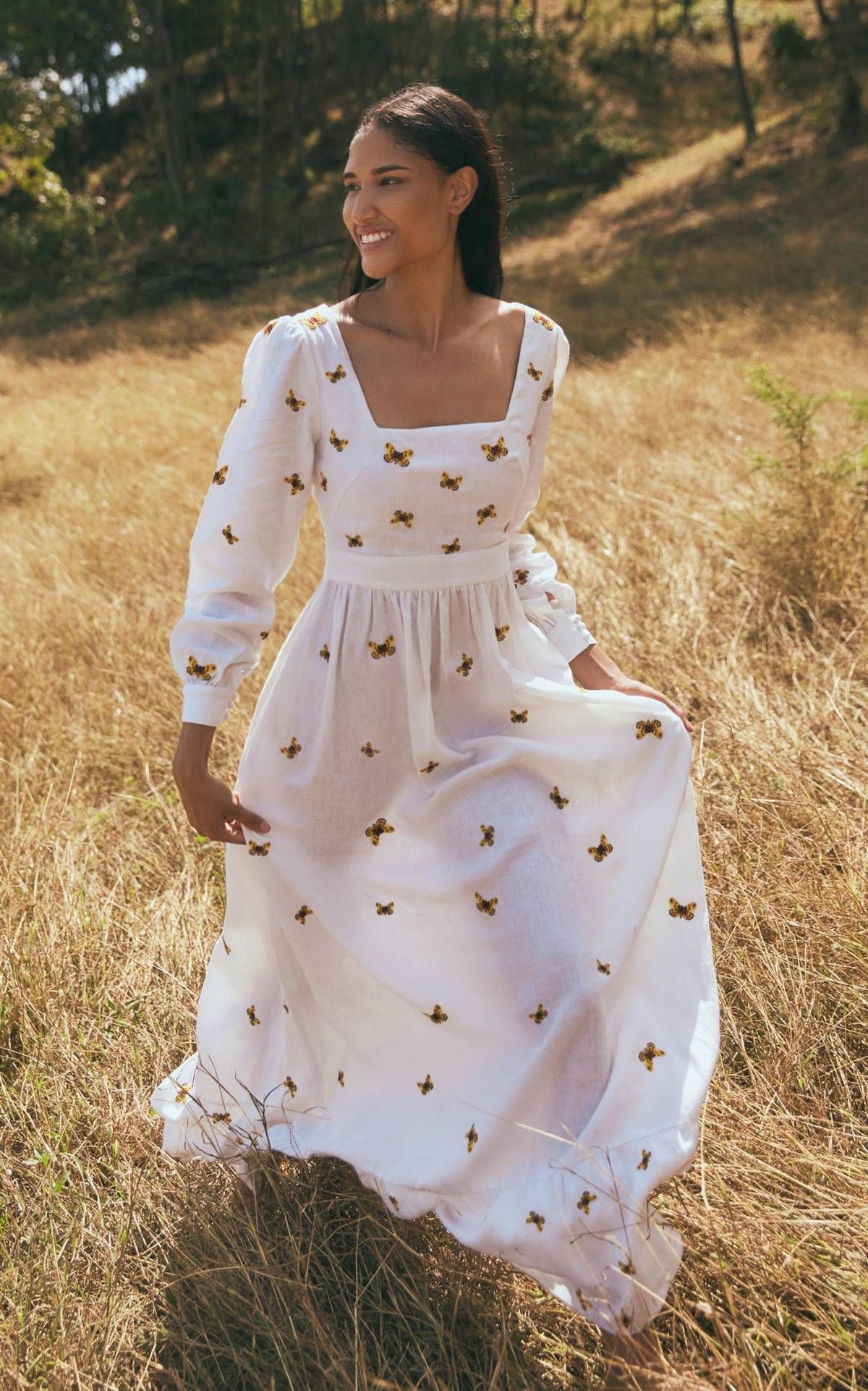 Butterfly Embroidered Linen Maxi Sun Drenched Weekend Elegance