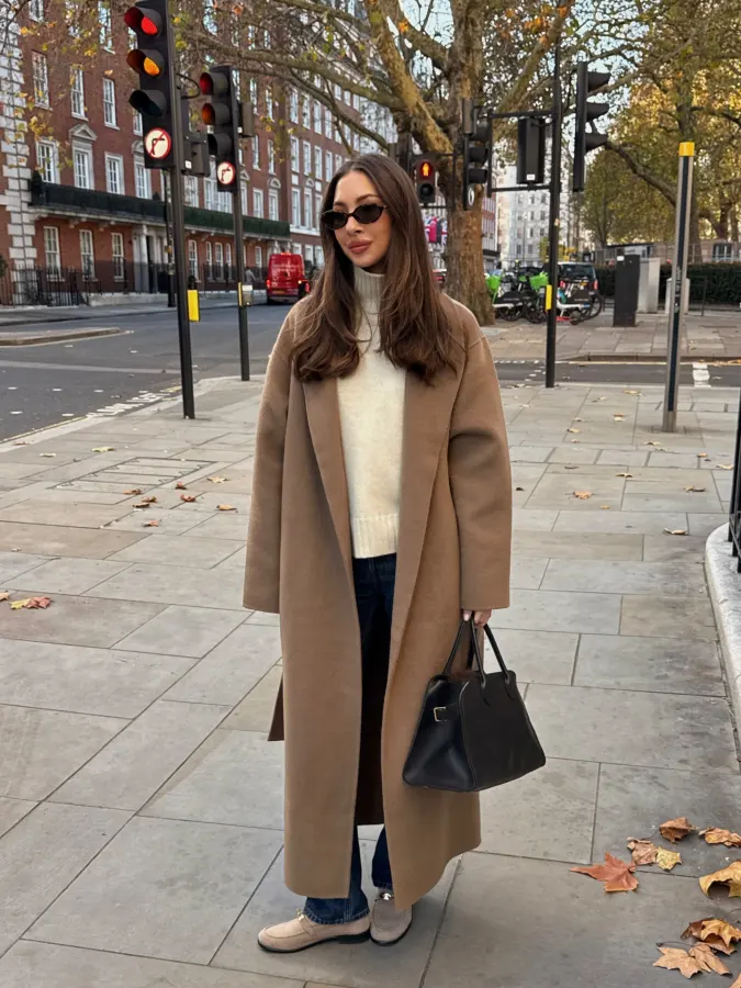  Camel Overcoat and Cream Turtleneck Cozy City Layers