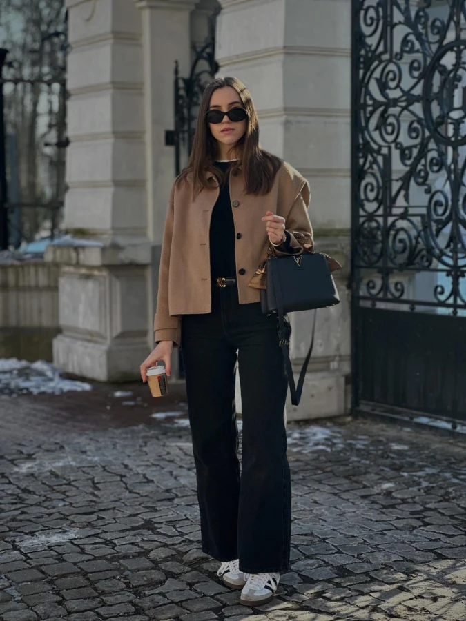 Camel Wool Layering and Black Denim for Polished Weekend Ease