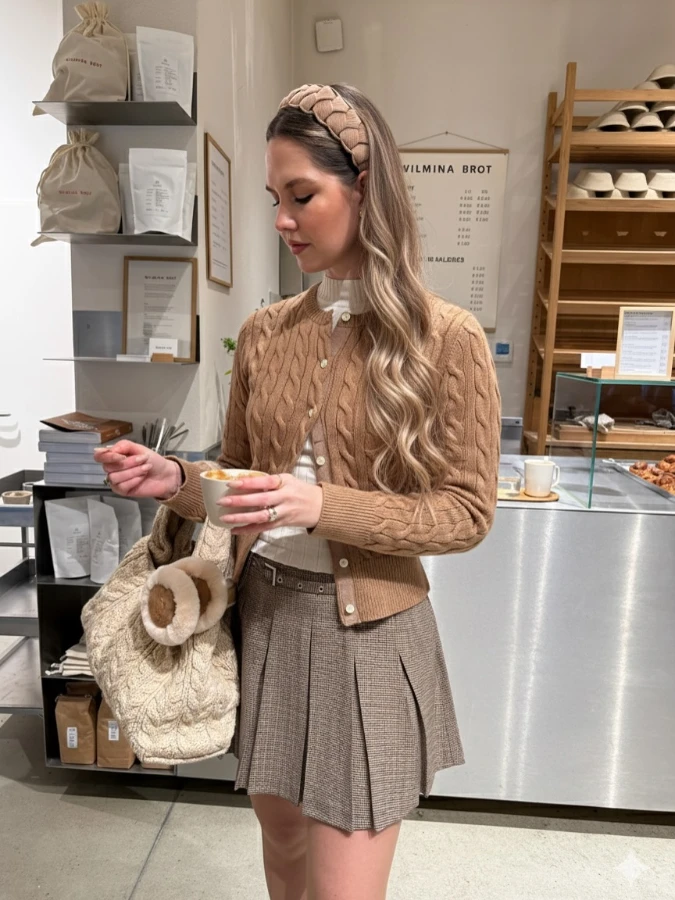 Caramel Cable Knit and Plaid Pleated Schoolgirl Style