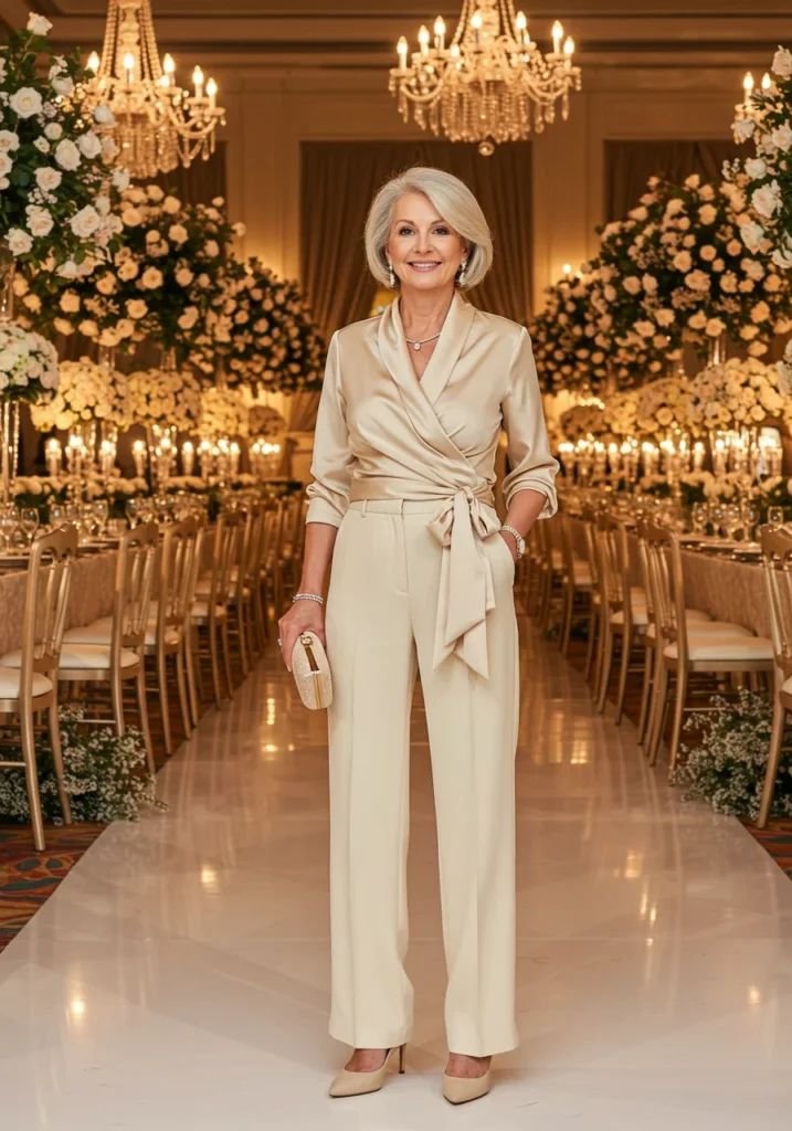 Champagne Silk Wrap and Tailored Wide Leg Trousers Elegant Grandmother of the Groom Evening Wear