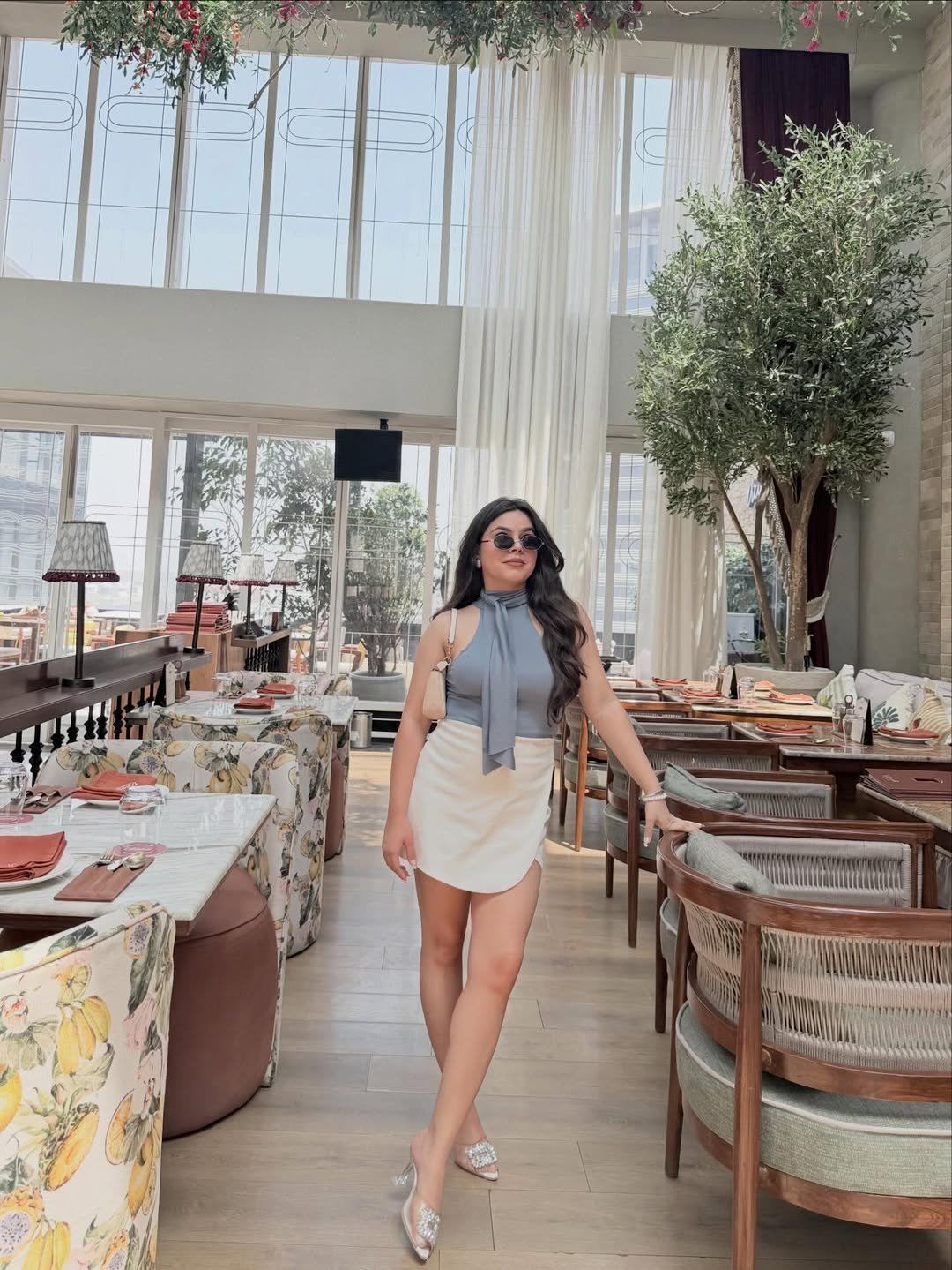 Chic Blue Scarf Neck Bodysuit and Structured White Mini Skirt 