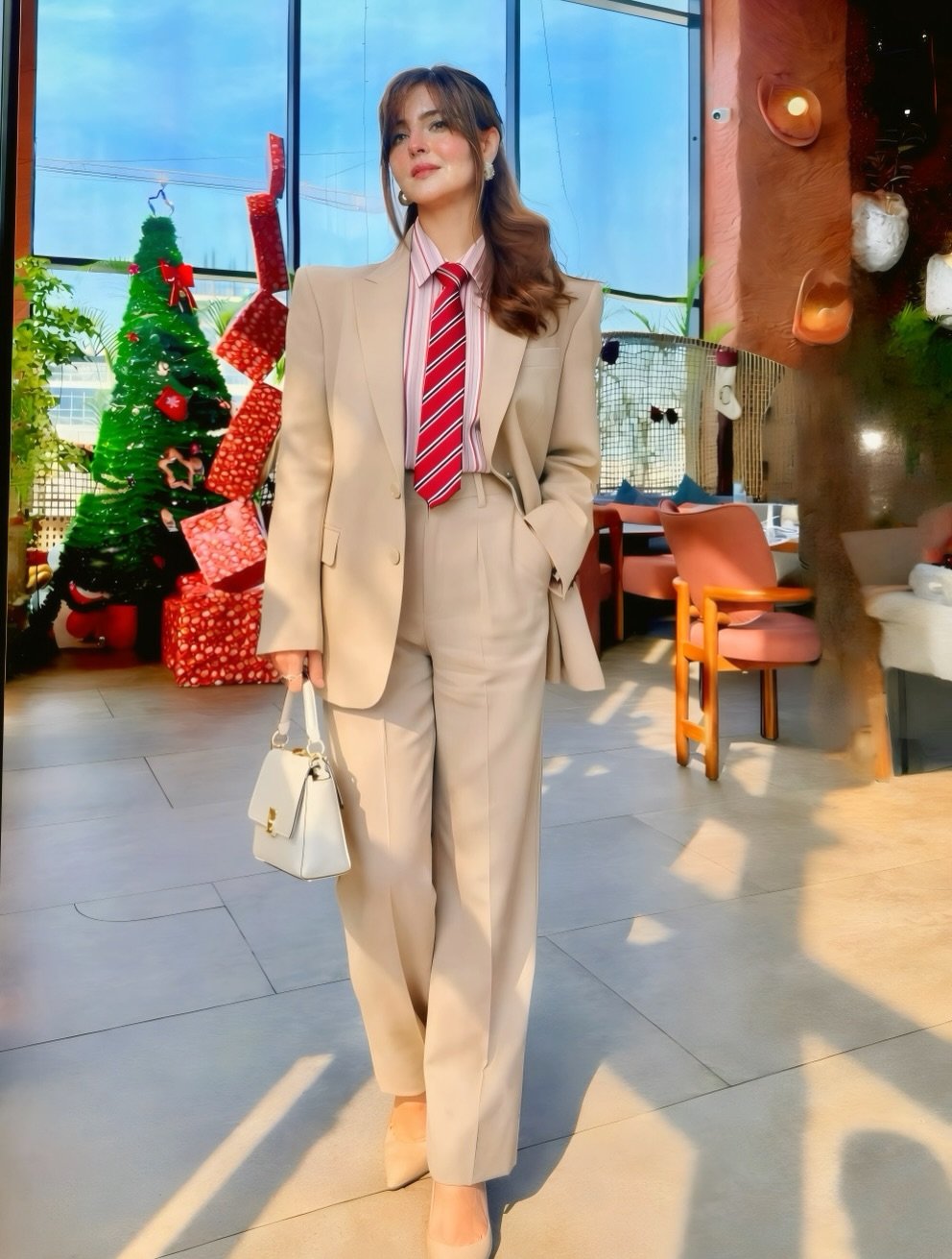 Chic Neutrals and Playful Stripes An Effortless Power Suit for Modern Office Elegance