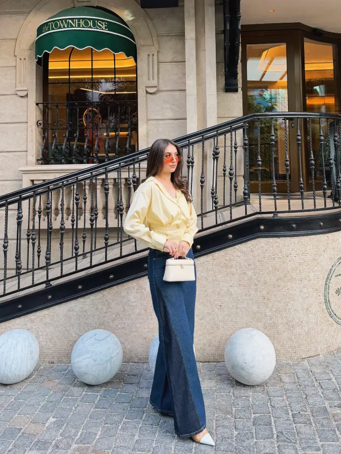 Chic Pastel Button Down and Color Blocked Denim for Summer Weekend Elegance