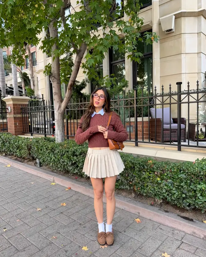  Chocolate Brown Cable Knit and Pleated Cream Skirt Cozy Academic Style